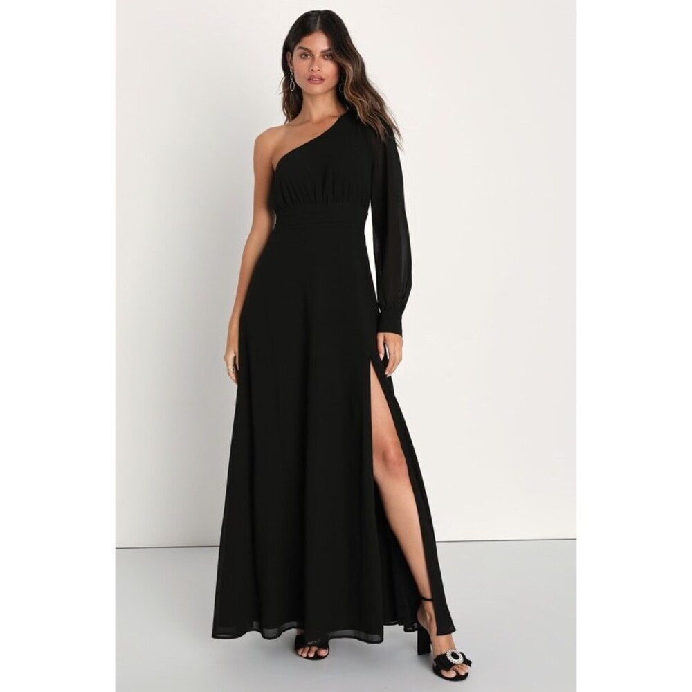 Lulus Graceful Elegance Black One-shoulder Long Sleeve Maxi Dress - Size XS